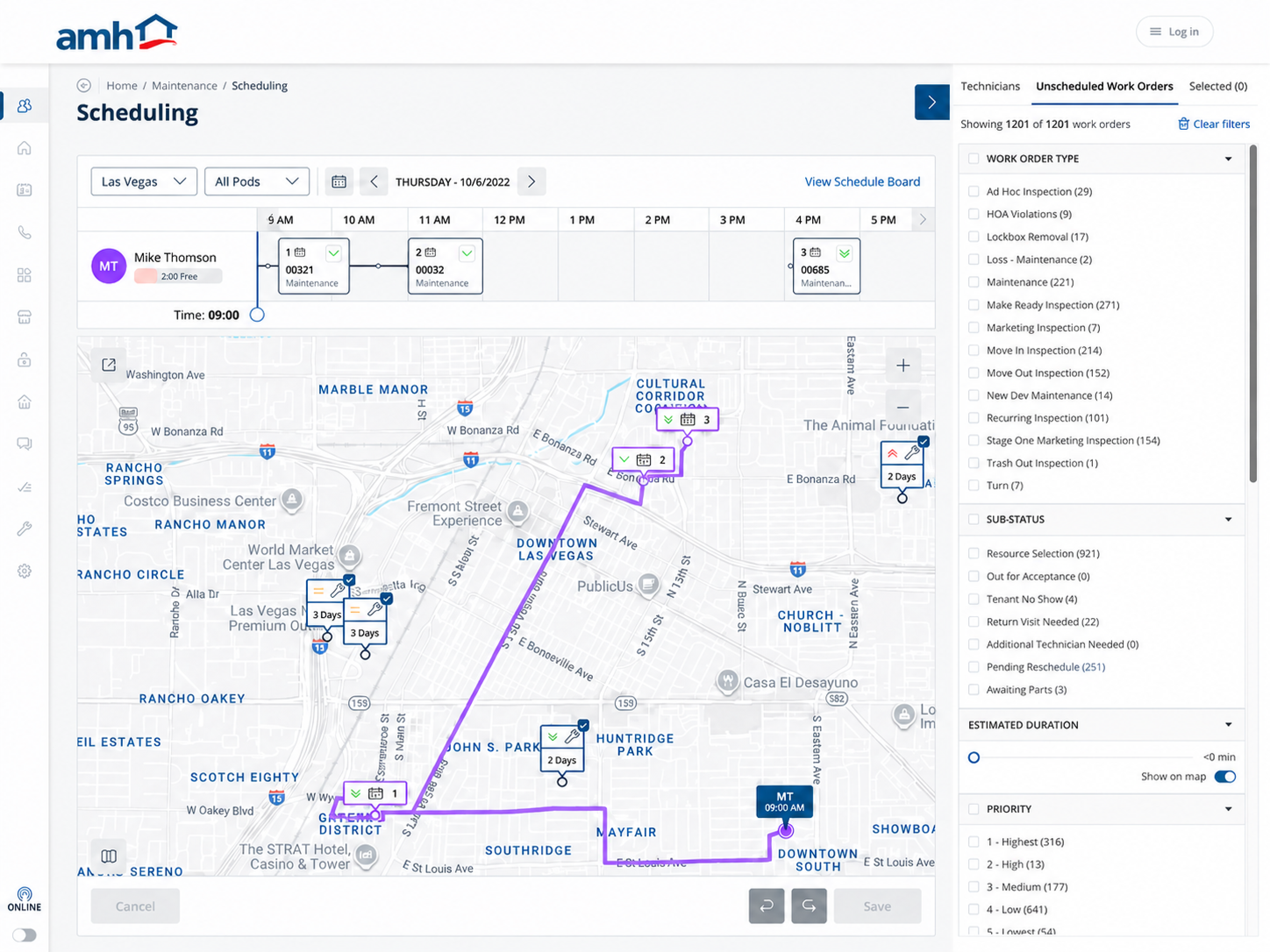 The AMH Scheduling unscheduled work-order queue showing more than 1,200 jobs and operational filters for narrowing the candidate work